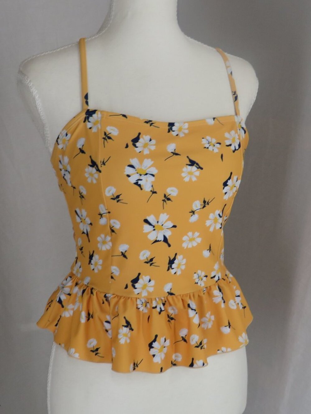 Yellow Floral Peplum Tank Top – Adjustable Straps, Stretch Nylon Blend, medium